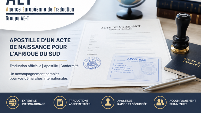alt="Apostille d'un acte de naissance pour l'Afrique du Sud avec traduction officielle et accompagnement international par l'Agence Européenne de Traduction"