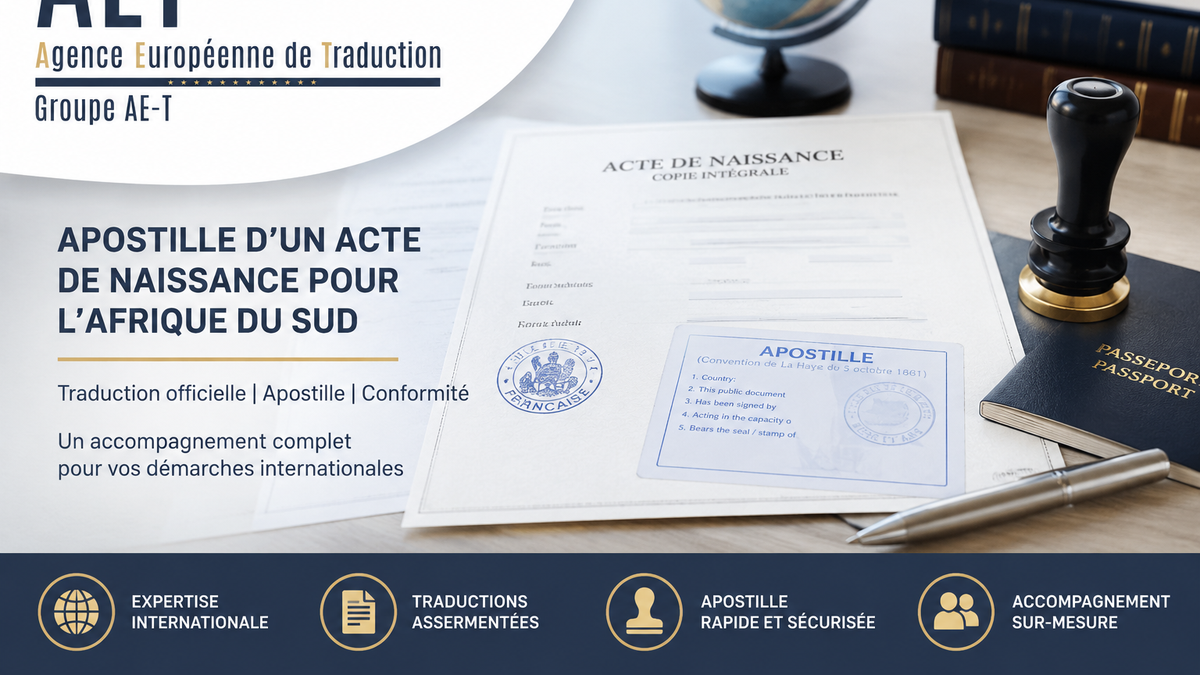 alt="Apostille d'un acte de naissance pour l'Afrique du Sud avec traduction officielle et accompagnement international par l'Agence Européenne de Traduction"