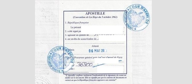 Apostille on a foreign civil status document, illustrating the formality required for use in France